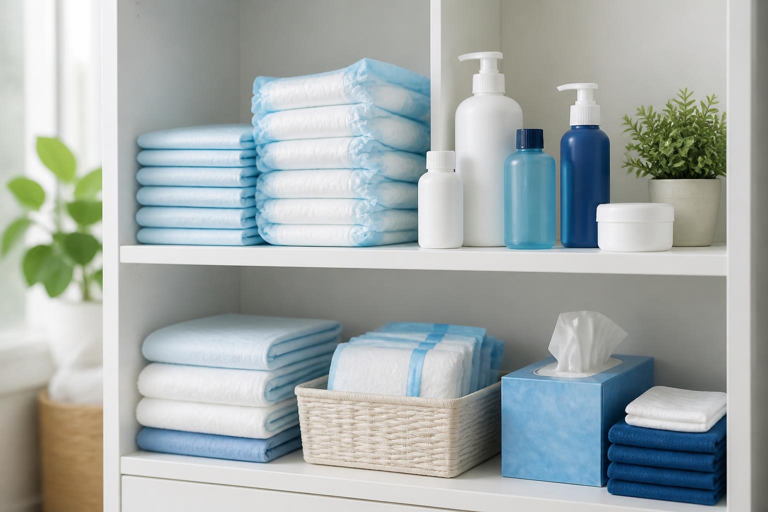 Meddcare healthcare and incontinence products on a clean white shelf